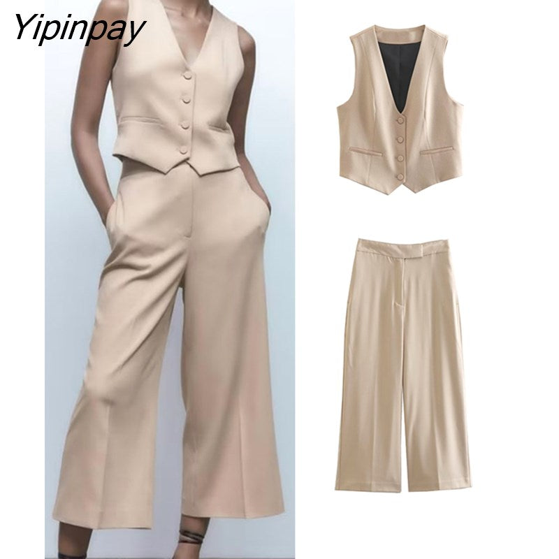 Yipinpay Fashion Women Pant Vest Suit Sets 2pcs 2023 Spring Autumn V-neck Coat+Zipper Ankle-Length Pants Basic Causal Office Outfits