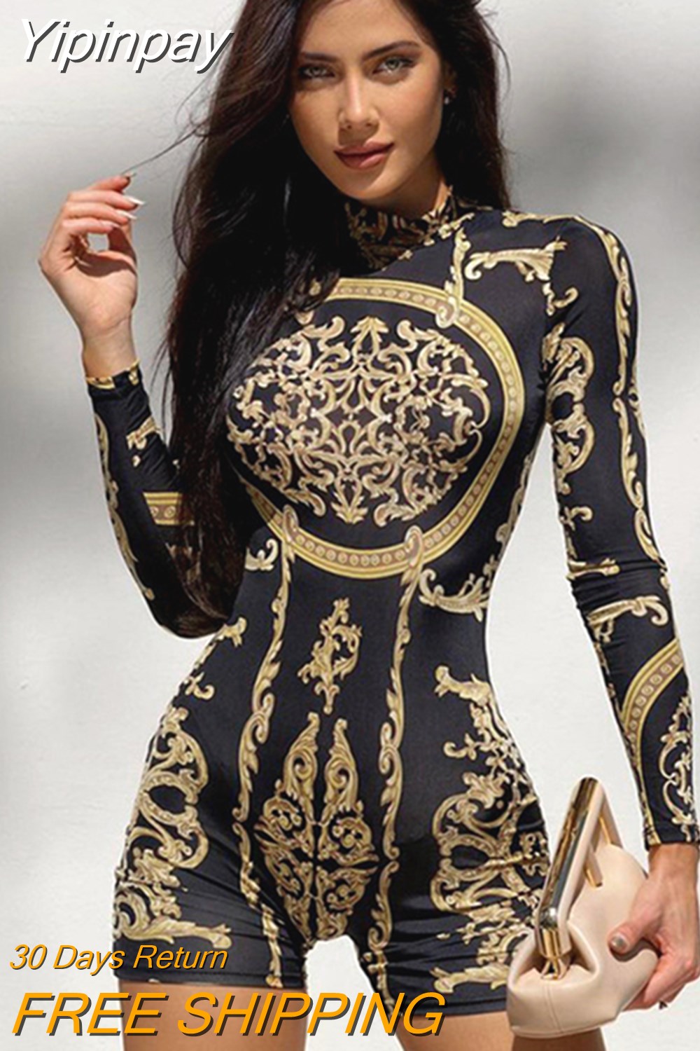 Yipinpay Retro Pattern Printed Bodysuit Women O Neck Tight Long Sleeves Sex For Woman Body Street Trend Temperament Tops Femme