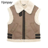 Yipinpay Women Fashion Winter Fleece Vest Coats 2023 Thick Warm Lapel Zip Locomotive Waistcoat Top Chic Female Suede Fur All-in-One