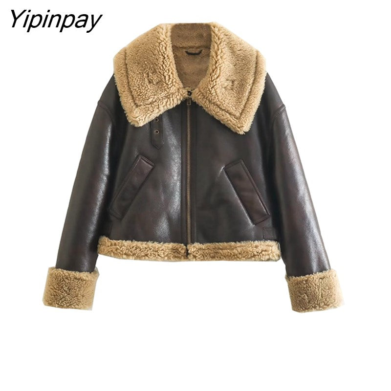 Yipinpay 2023 Winter Female Thicken Solid Jackets Fleece Warm Long Sleeve Zipper Coats Loose Vintage Ladies Waistcoat Chic Tops