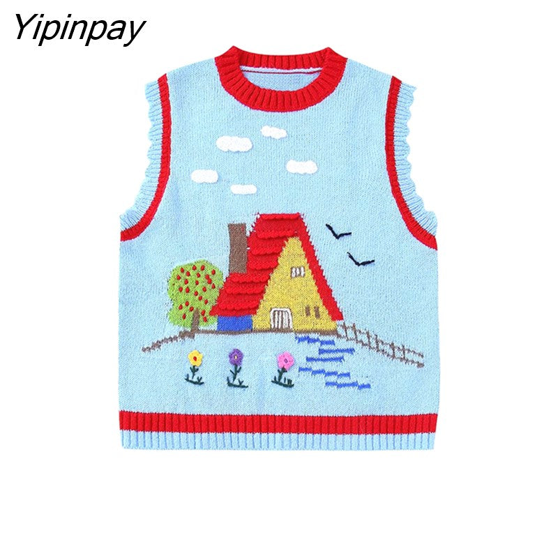 Yipinpay 2023 Women Embroidery Knitted Vest Sweater Spring Autumn Vintage O-neck Sleeveless Female Waistcoat Chic Tops