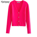 Yipinpay New Solid Ladies Knitted Sweater 2023 Autumn Winter Warm V-Neck Coat Single Breasted Cardigan Long Sleeve Harajuku Tops