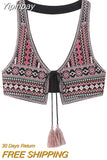 Yipinpay 2023 Embroidered Vest Woman Cropped Sleeveless Vests For Women Vintage Summer Boho Vest Women Tied Tassels Halter Crop Top