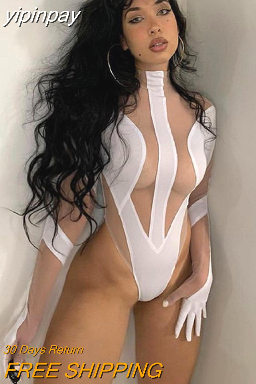 yipinpay 2023 Fashion Club Y2K Sexy Mesh See Through Skinny Bodysuit Long Sleeve One Pieces Body Tops White Rompers Oufits