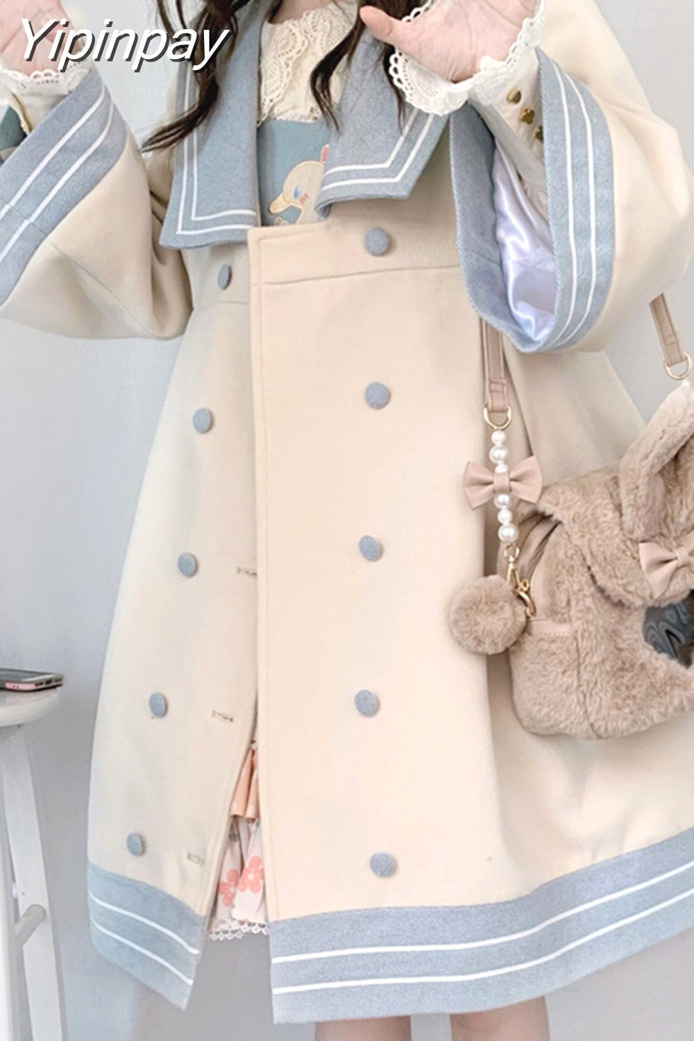 Yipinpay Japanese Girl Sweet Style Patchwork Woolen Coat Cute Woolen Jacket Winter Female Cashmere