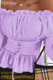 Yipinpay Shoulder Lace-up Front Ruffles Casual Blouse Plus Size Tops Spring Tops and Blouses
