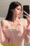 Yipinpay Knit Cardigans Women Korean Sexy V-Neck Fitness Crop Tops Ladies Summer Thin Long Sleeved Sunscreen Jackets