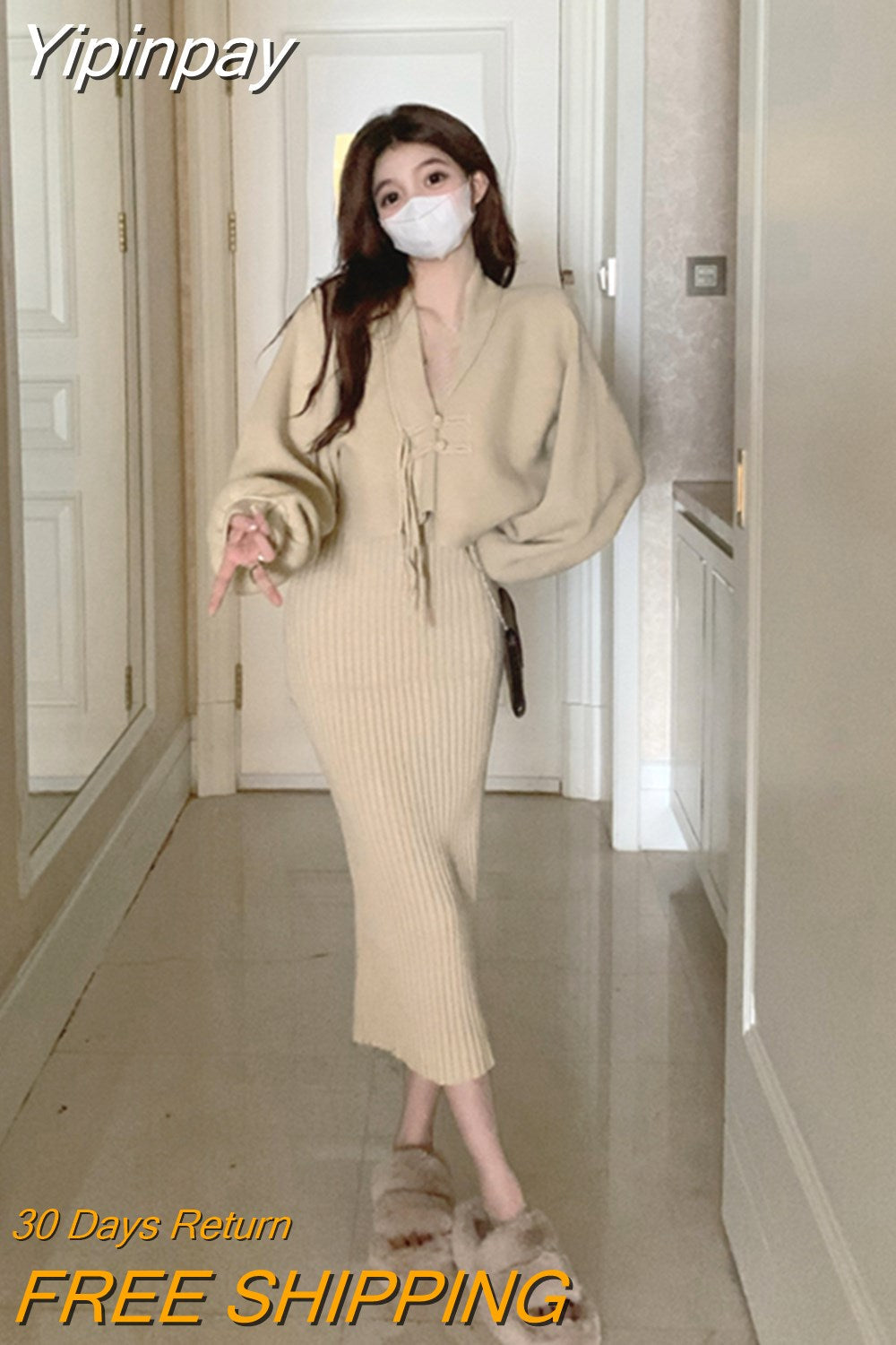 Yipinpay 2 Piece Dress Set Woman Slim Bodycon Strap Midi Dress Party Elegant + Casual Long Sleeve Short Tops Korean Suit Solid