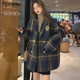 Yipinpay Women Suits Preppy Style Oversize Plaid Suit Woolen Coat Loose Long Ladies Overcoat Casual Female HOT Women Jacket