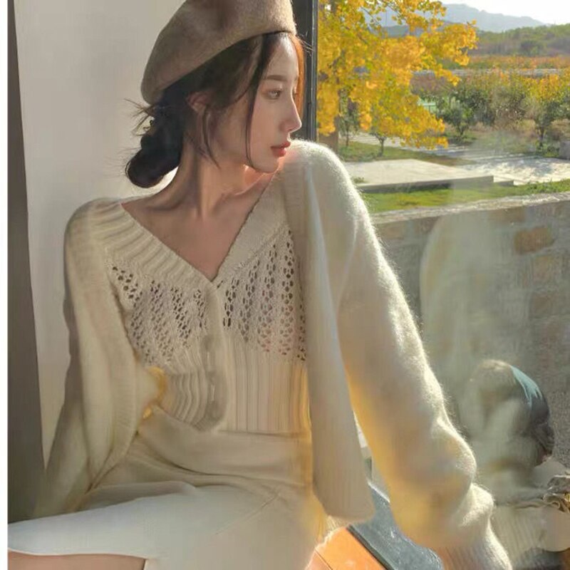 Yipinpay Women Hollow Sweater Cardigan Outerwear New Style KoreanV Neck Button Knitted Tops Jackets Woman