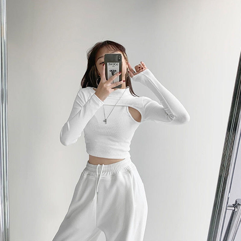 Yipinpay Knitted Crop Tops Women New Fitness Fake Two-piece T-shirt Female Black White Long Sleeve Tops