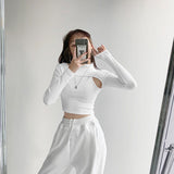 Yipinpay Knitted Crop Tops Women New Fitness Fake Two-piece T-shirt Female Black White Long Sleeve Tops