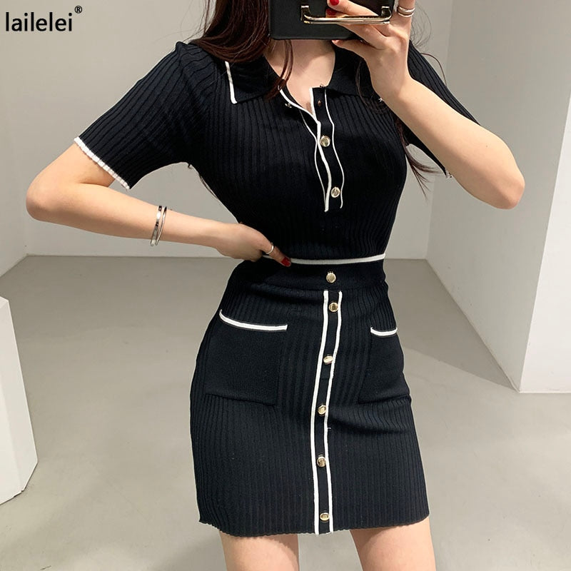 Yipinpay 2-piece set Button pocket pullover top short sleeve + mini skirts suit summer elegant casual ladies new 2023 Korea Two