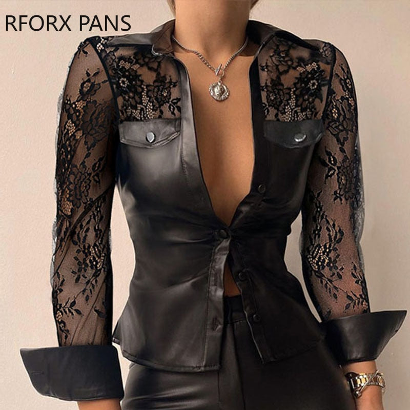 Yipinpay Women Solid  PU Leather Patchwork Lace Button Turn Down Collar Bodycon Working Sexy Blouse Tops