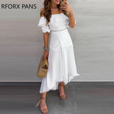 Yipinpay Shoulder Ruffle Tops Split Skirt Sets