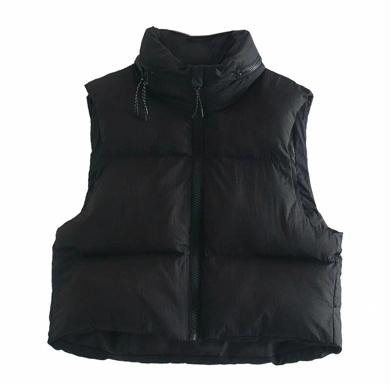 Yipinpay 2023 Winter Black Cropped Vest Coat Women Fashion Keep Warm Sleeveless High Collar Zip Up Wasitcoats Woman Casual Vest Top