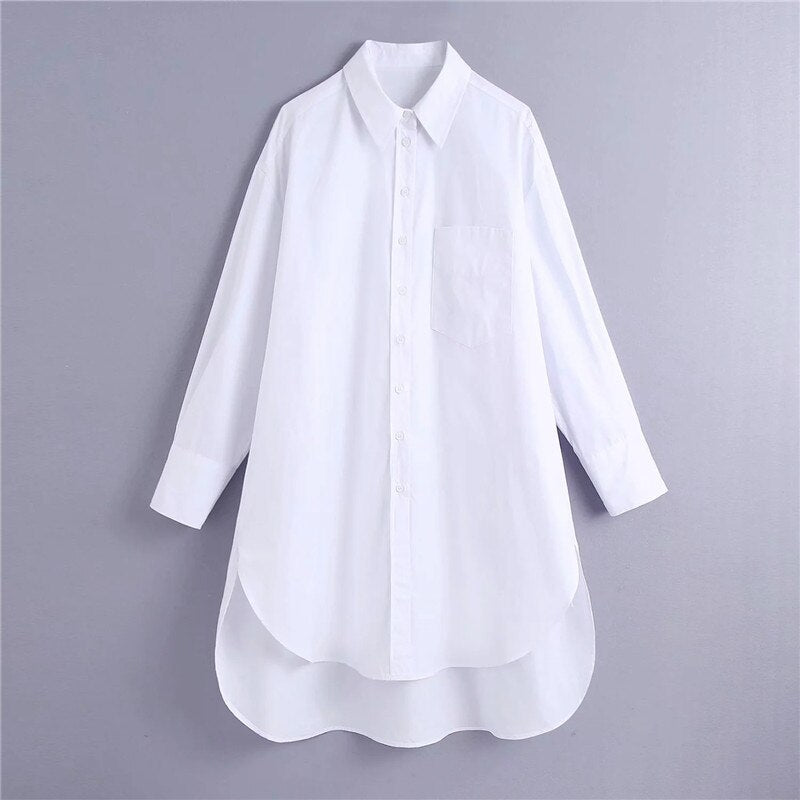 Yipinpay Oversized White Shirt Women 2023 Autumn Long Sleeve Collared Button Up Long Shirts Ladies Asymmetric Hem Casual Tops