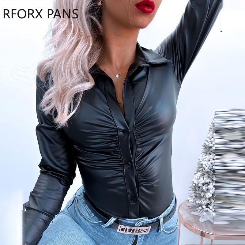 Yipinpay Women Solid Folds PU Leather Button Turn Down Collar Bodycon Working Black Blouse Tops
