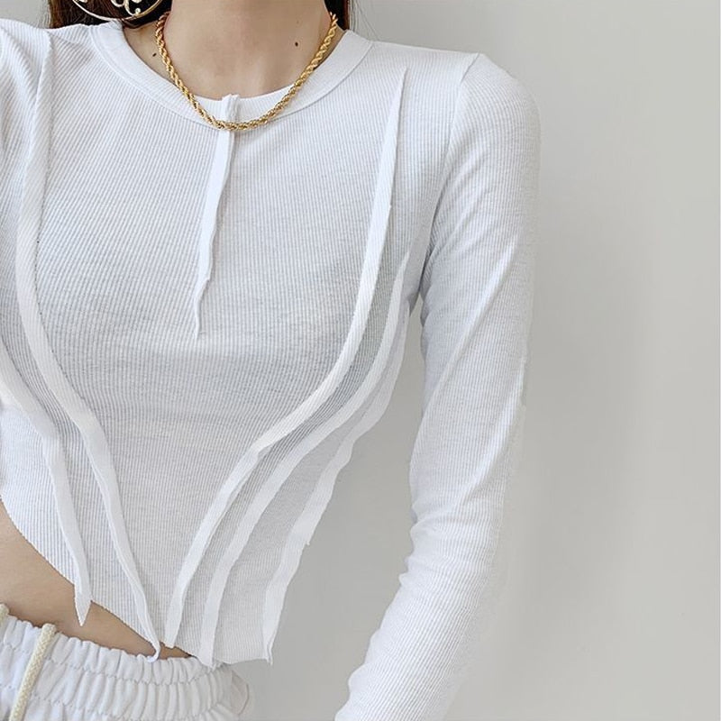 Yipinpay Fashion Line Skinny Crop Tops Women Irregular Oblique Edge T-shirts Female Black White Crewneck Long Sleeve Top