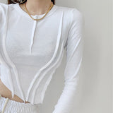 Yipinpay Fashion Line Skinny Crop Tops Women Irregular Oblique Edge T-shirts Female Black White Crewneck Long Sleeve Top