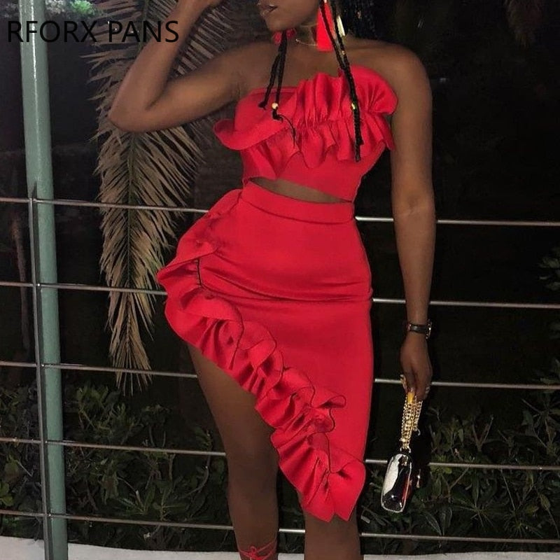 Yipinpay Women Sexy Clothes Ruffles Crop Top & Asymmetrical Skirt Set Party Look for Women 2023