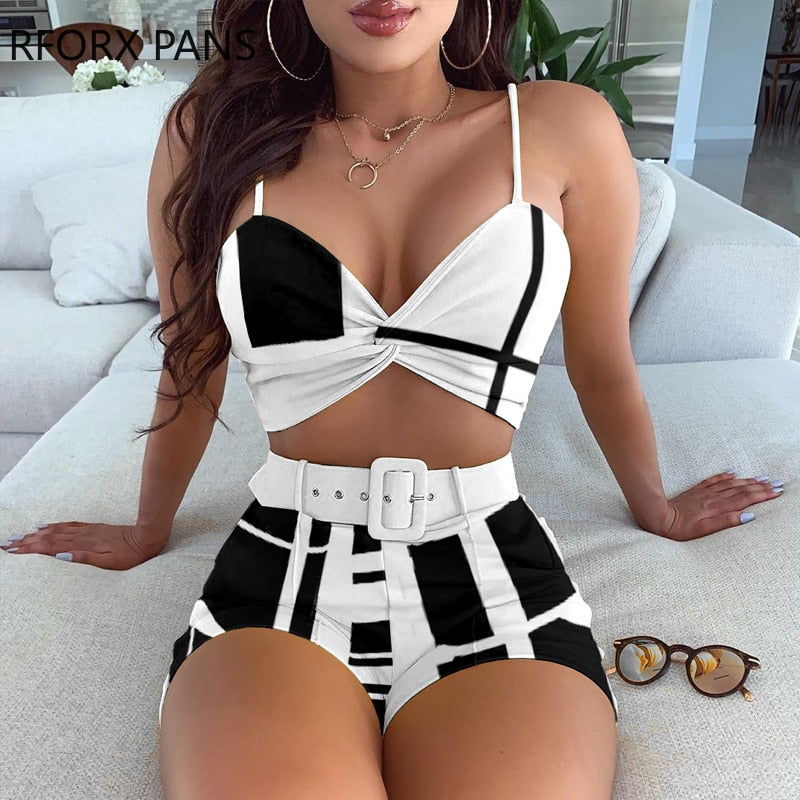 Yipinpay Spaghetti Strap Twisted Top & Shorts Set Women Suit