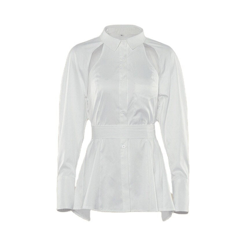 Yipinpay White Button Up Shirt Women Blouse 2023 Autumn Long Sleeve Lace Up Y2K Tops Femme Cut Out Turn-down Collar Tee Shirts
