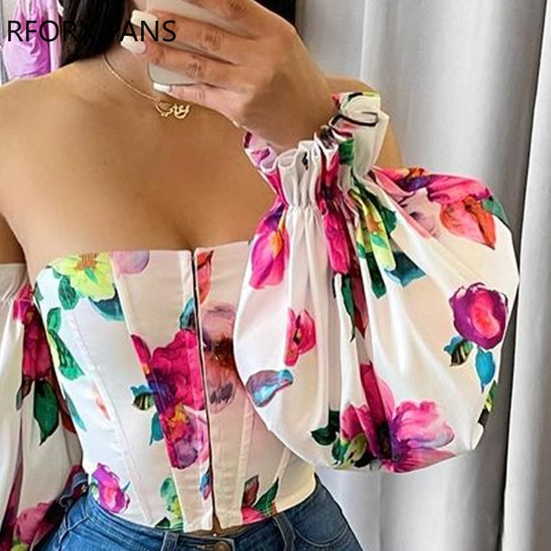 Yipinpay Women Off Shoulder Lantern Sleeve Floral Print Top for Women Top 2023