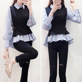 Yipinpay Patchwork Shirt Womens Tops Office Blouse Fake Collar ladies Blue Stripe Slim Casual Autumn Warm Shirts Long Sleeve 2PC