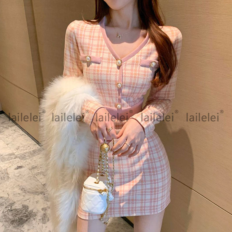 Yipinpay Plaid Pink Outfit Button V-Neck Knitting Two Piece Set Women Mini Skirt Kawaii Lady Long Sleeve Crop Top Korean Clothes