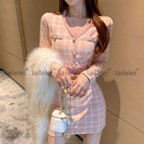 Yipinpay Plaid Pink Outfit Button V-Neck Knitting Two Piece Set Women Mini Skirt Kawaii Lady Long Sleeve Crop Top Korean Clothes