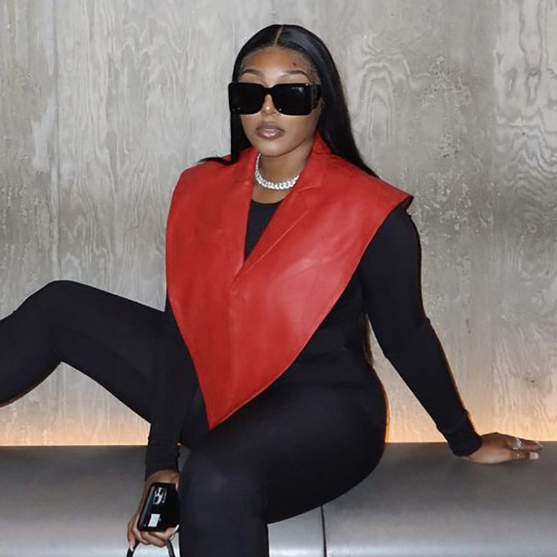 Yipinpay Women Notched Collar Faux Leather PU Tank Tops Ladies Sexy Sleeveless Shawl Vest 2023 Fall Harajuku Lolita Clothing