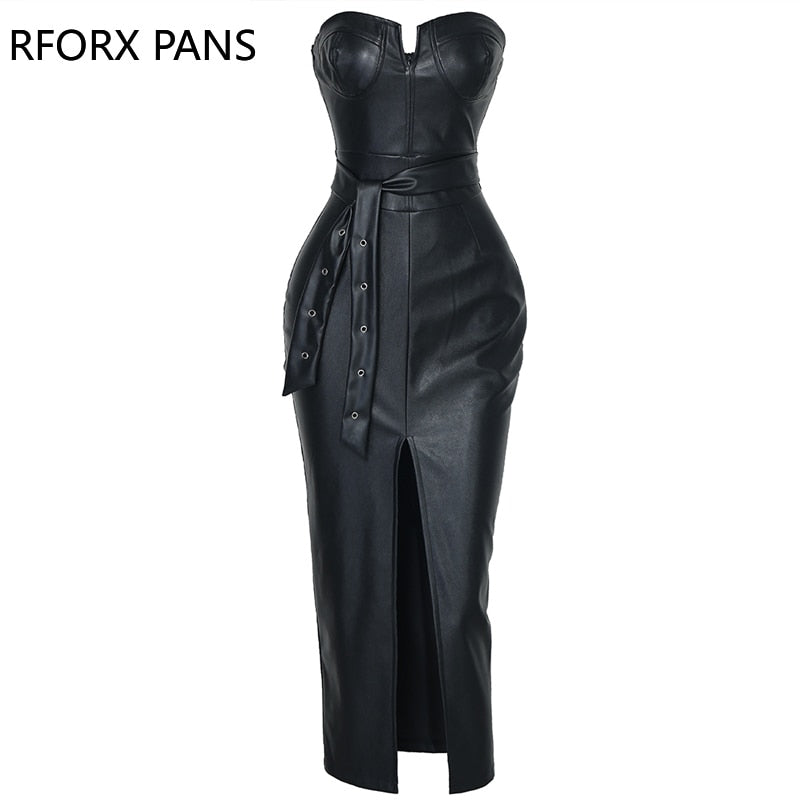 Yipinpay Tube Slit Coated PU Dress Women Dress