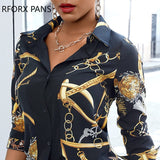 Yipinpay Women Chain Scarf Print Button Design Shirt Top for Women Top 2023