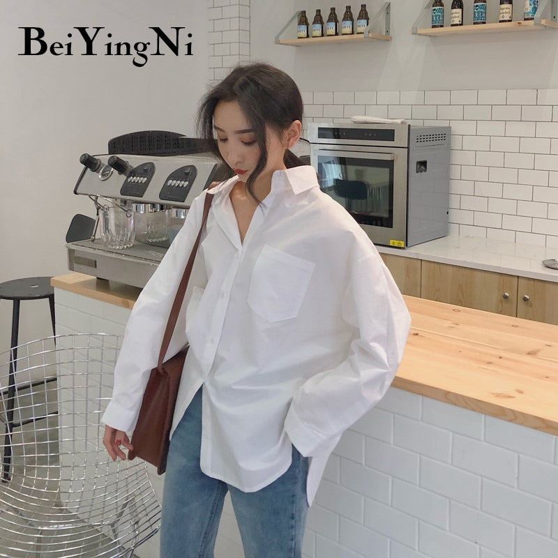 Yipinpay 2023 Spring Autumn Women Shirts White Plain Loose Oversized Blouses Female Tops Loose BF Korean Style Blusas Pockets