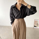 Yipinpay Chic Lapel Blouse Women Fashion Elegant Long Sleeve Shirts Office Ladies Spring Autumn New Cross Loose Tops