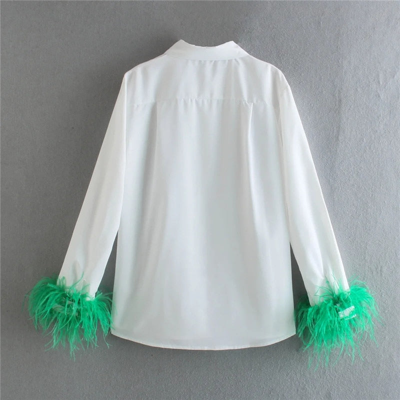 Yipinpay White Shirt Woman Long Sleeve Green Feather Top Party Elegant Female Blouses Fashion Collared Button Up Women Shirt