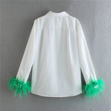 Yipinpay White Shirt Woman Long Sleeve Green Feather Top Party Elegant Female Blouses Fashion Collared Button Up Women Shirt