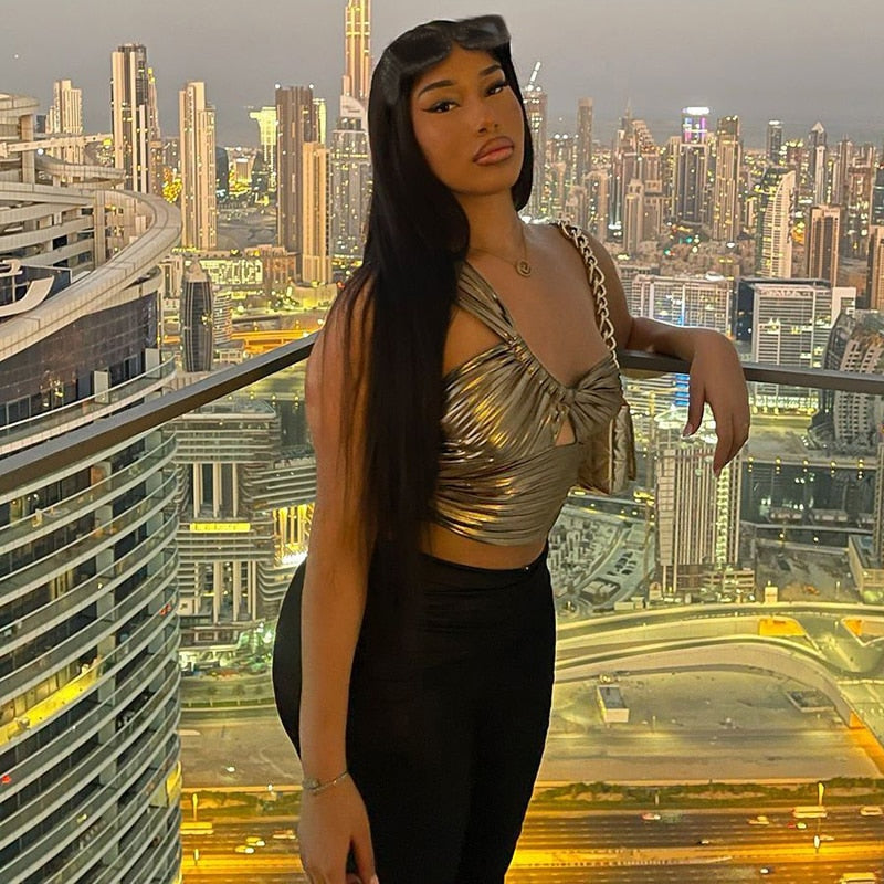 Yipinpay Slant Shoulder Sleeveless Bodycon Crop Tops Women Bright Ruched Cut Out Corset Top 2023 Summer Harajuku E-girl Y2K Clothes