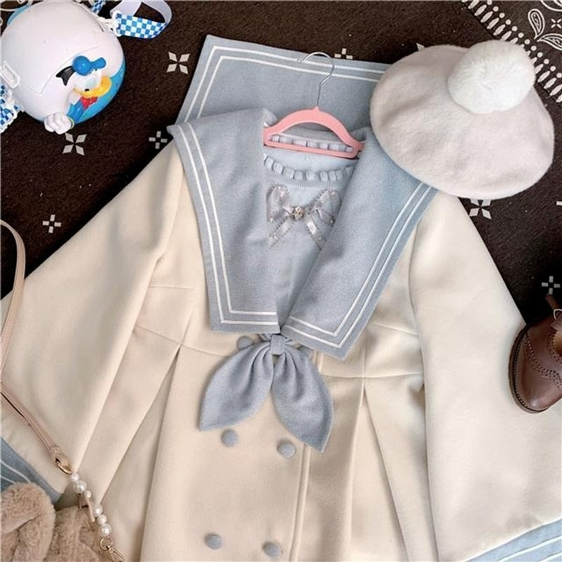 Yipinpay Japanese Girl Sweet Style Patchwork Woolen Coat Cute Woolen Jacket Winter Female Cashmere