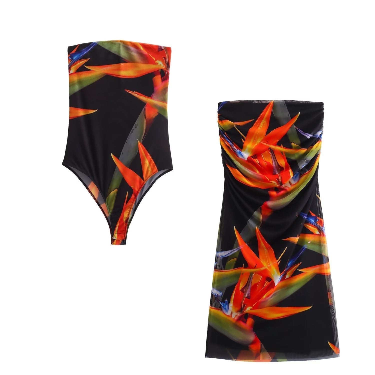 Yipinpay Summer Printed Silk Mesh Jumpsuit Printed Silk Mesh Half Skirt Suit