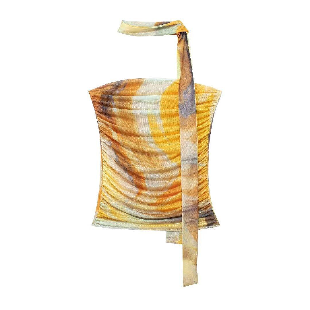 Yipinpay Print Silk Mesh Wipe Chest Blouse Print Silk Mesh Skirt 5039472 Set