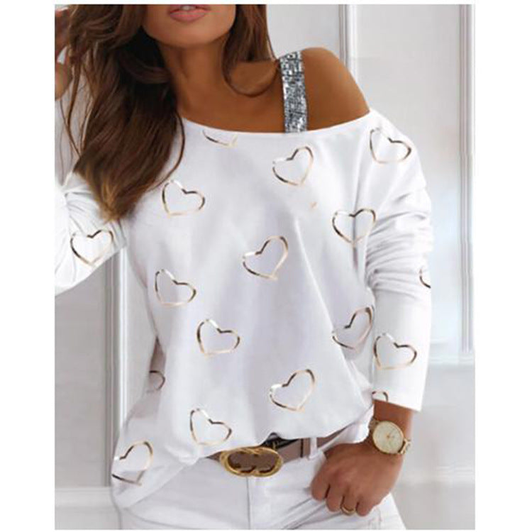 Yipinpay New Women's Blouse Shoulder Sequins Fashion T-Shirt With Long Sleeves