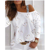 Yipinpay New Women's Blouse Shoulder Sequins Fashion T-Shirt With Long Sleeves
