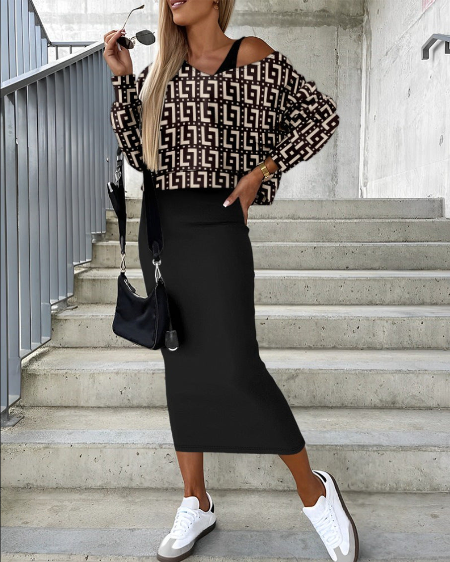 Yipinpay Independent Station Wish2024 Autumn And Winter New Fashionable Bat Sleeve Long Skirt With Hip Suit Skirt Woman