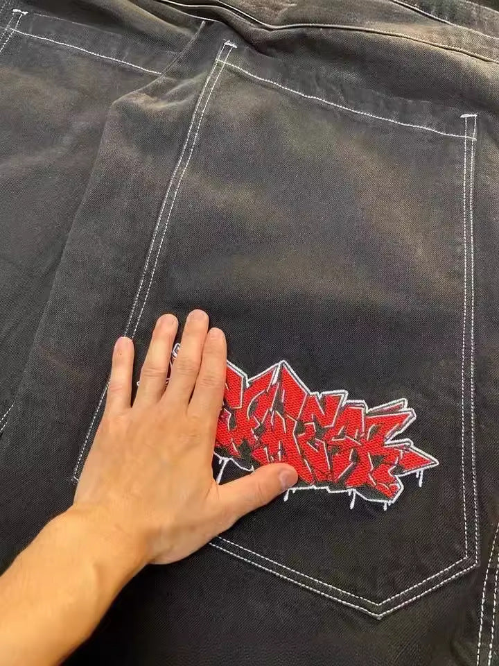 Yipinpay Dress Baggy Jeans Y2K Hip Hop Pocket Letter Retro Black Jeans Men's High Waist Wide Legs Pants