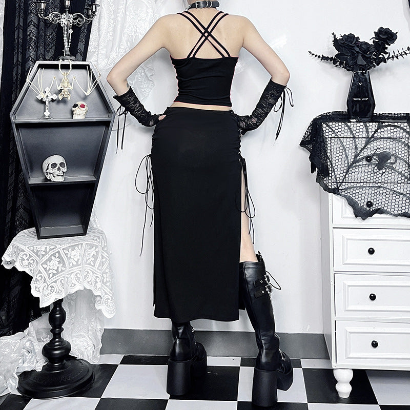 Yipinpay Summer 2024 New Hip Skirt Dark Wind Sexy Cross Splicing Basic Tie-Up Half-Skirt Woman