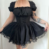 Yipinpay Shoulder Lace Spliced Dress Dark Style Waist Shows A Thin And Fluffy Short Skirt Woman
