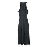 Yipinpay Spring Style Silk Satin Waist Pleated Dress 8372090