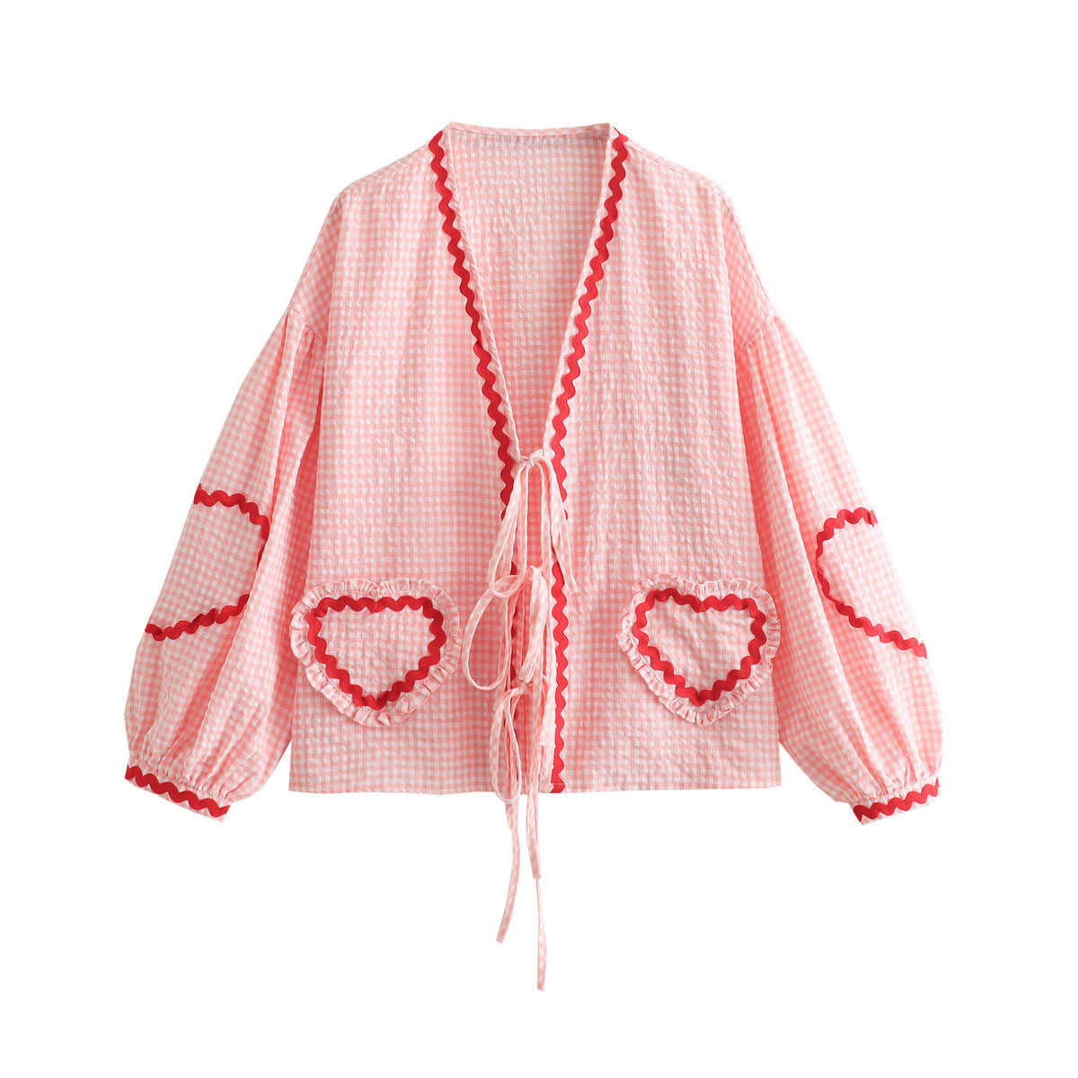 Yipinpay Spring Style Casual Loose Plaid Love Ribbon Lace Shirt